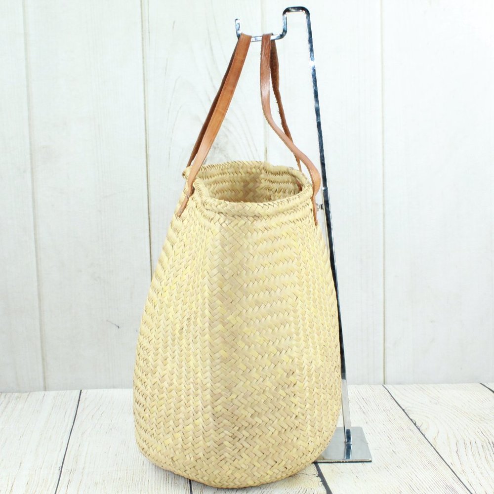 Women's Tan Ratan Cowhide Woven Double Handle Leather Bucket Tote Handbag - Picture 3 of 9